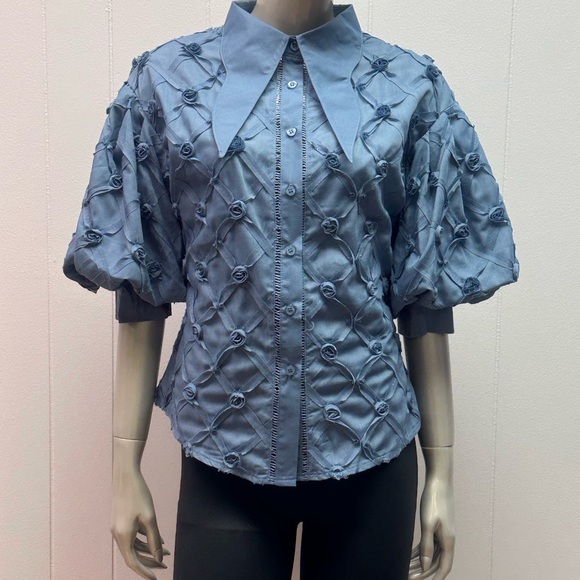 Rose Bud Blue Puff Sleeves Pointed Collar Button Down Blouse - Picture 3 of 7